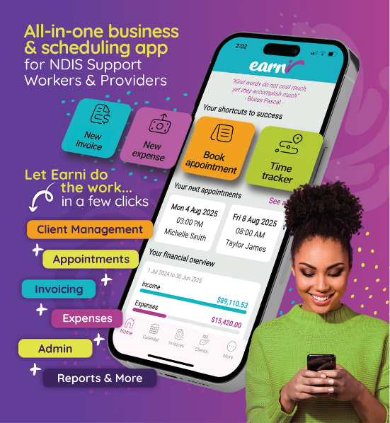 earni mobile invoicing app support workers NDIS providers client management, expenses, tax time, profit budget management, clients calendar appointments app