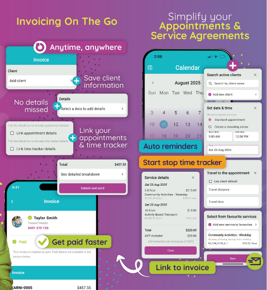 earni mobile invoicing app support workers NDIS providers client management, expenses, tax time, profit budget management, clients calendar appointments app