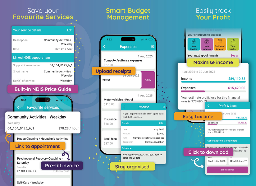 earni mobile invoicing app support workers NDIS providers client management, expenses, tax time, profit budget management, clients calendar appointments app