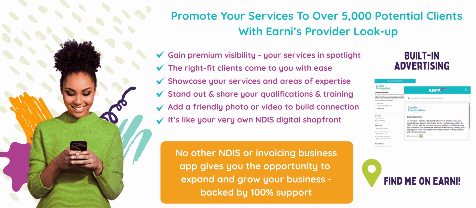 earni mobile invoicing app support workers NDIS providers client management, expenses, tax time, profit budget management, clients calendar appointments app